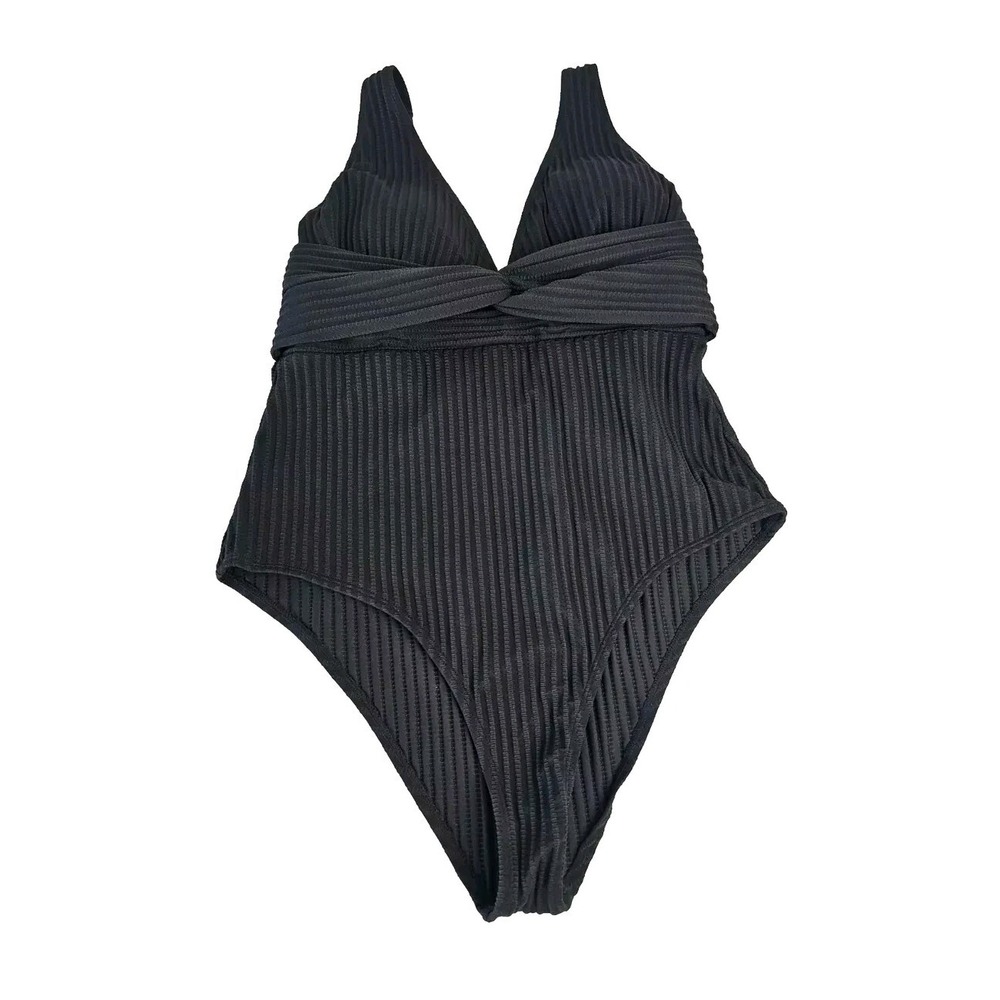 Cupshe Size XL  Ribbed Plunge V Neck One Piece Swimsuit Black